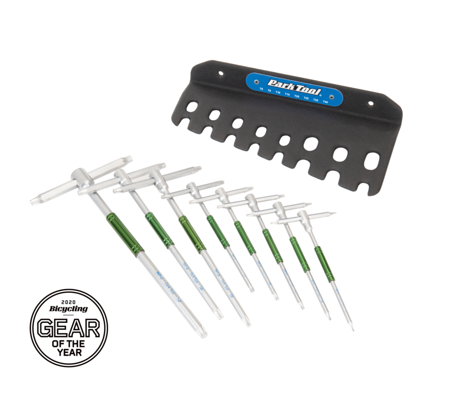 Park Tool THT-1 Sliding T-Handle Torx Compatible Wrench Set and holder on display together, enlarged