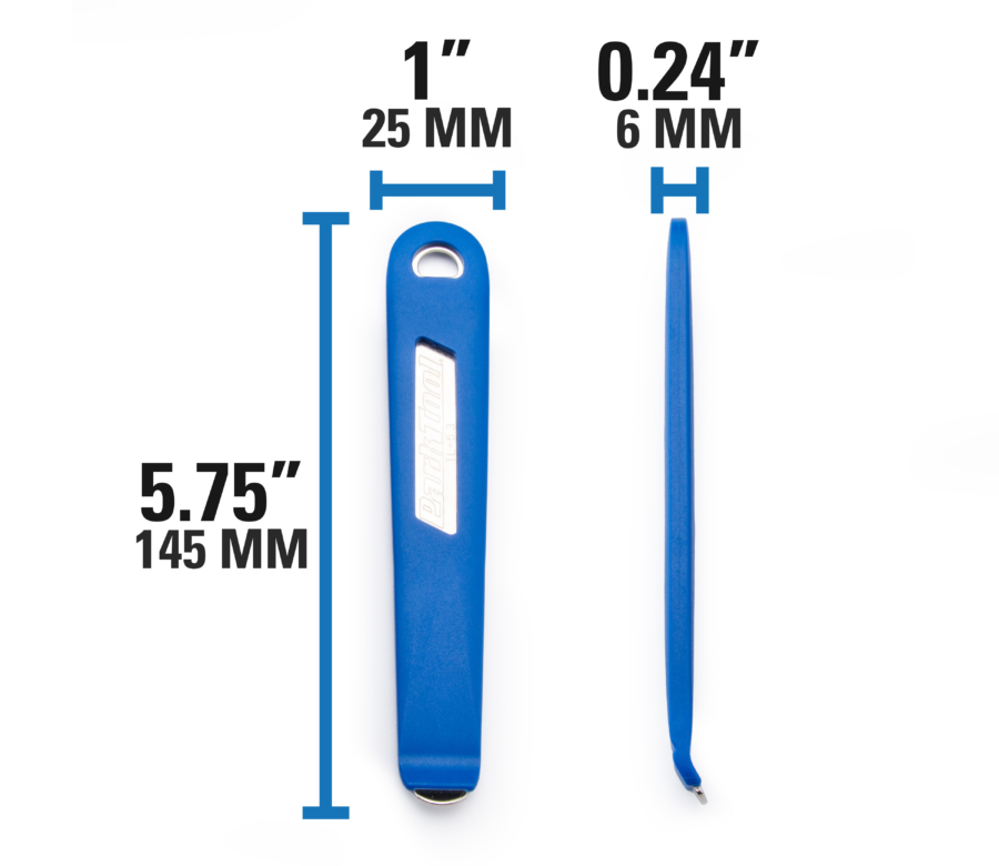 Closeup of the Park Tool TL-6.3 Steel Core Tire Levers with dimensions for length, width, and thickness., enlarged