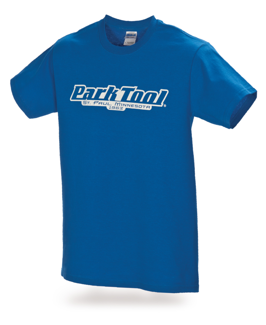 Front of blue horizontal Park Tool logo t-shirt, enlarged