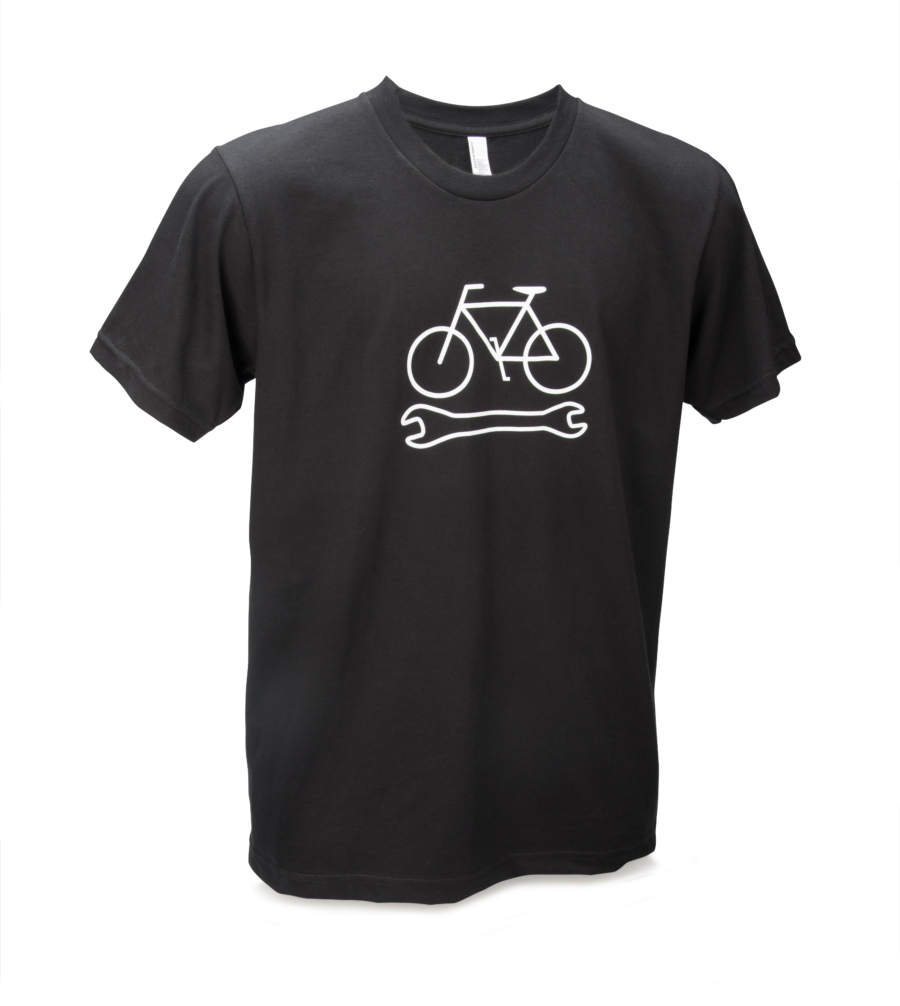 Front of black Park Tool bike and wrench t-shirt, enlarged