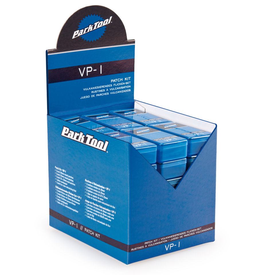 Display case of the Park Tool VP-1 Vulcanizing Patch Kit, enlarged