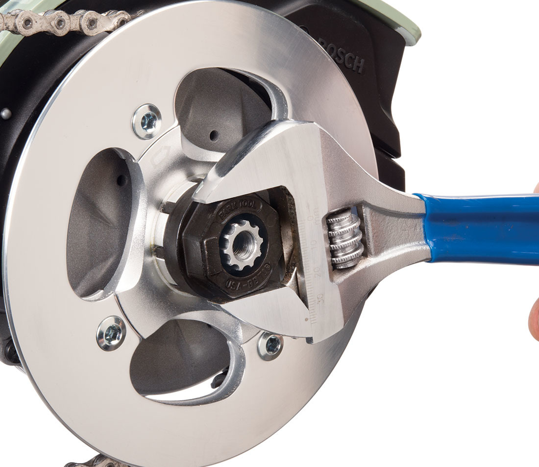 Park Tool BBT-18 Bottom Bracket Tool securing chainring lockring on Bosch® e-bike system