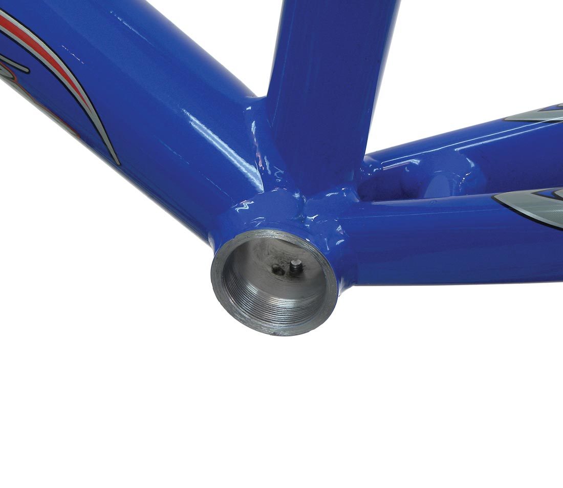 Threaded bottom bracket shell on a blue alloy bicycle frame