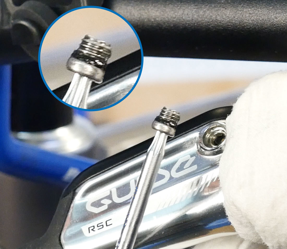 Closeup of O-ring on bleed bolt after removed from brake lever bleed port