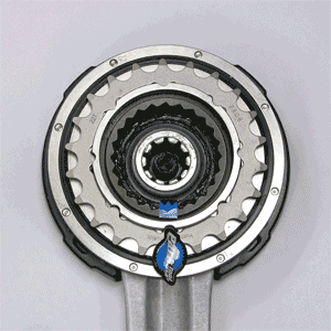 Outer chainring and inner gear ratchet move at different rates, giving the effect of a higher gear