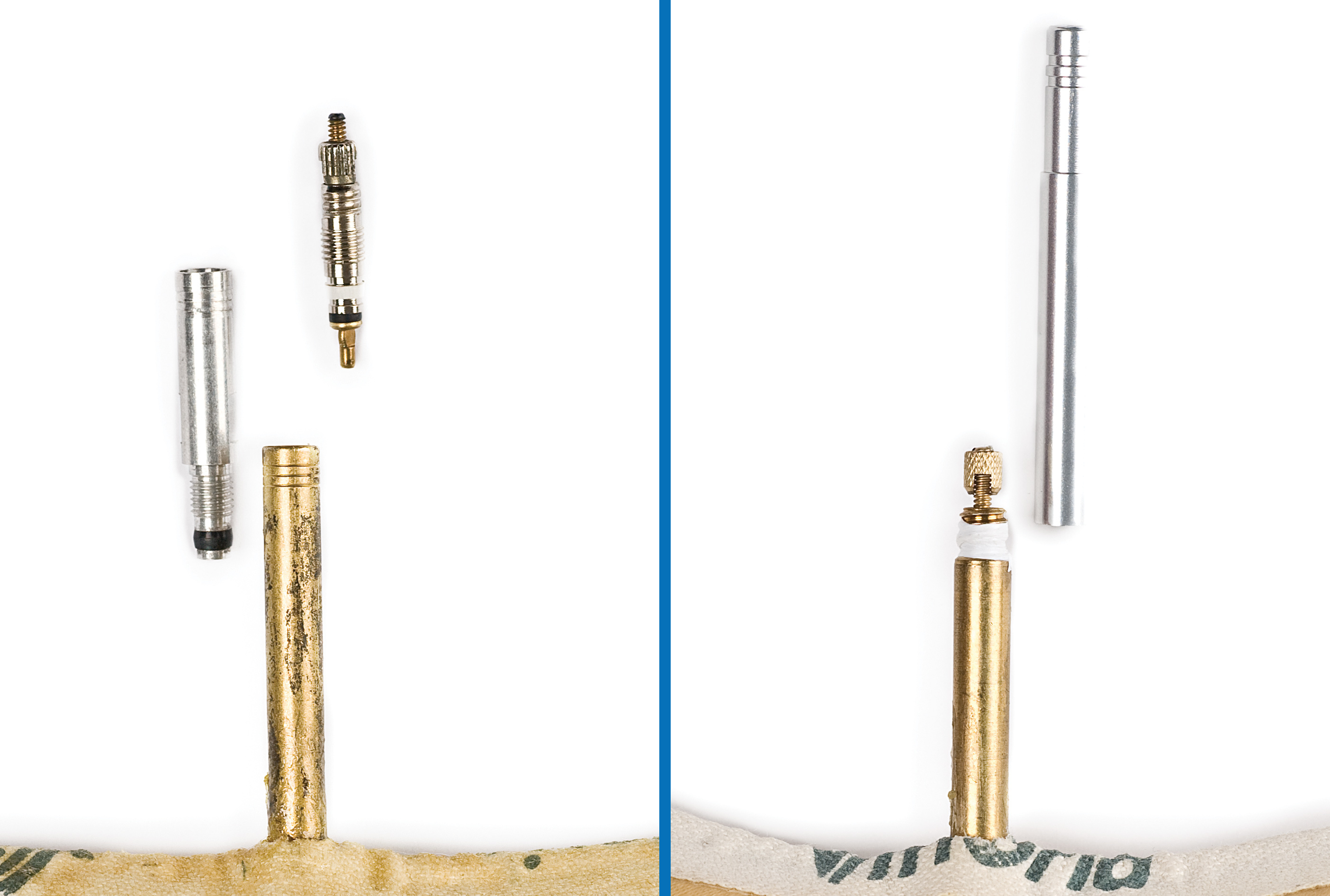 Left: removable valve core with double-threaded extender. Right: simple valve extender with lock nut loose