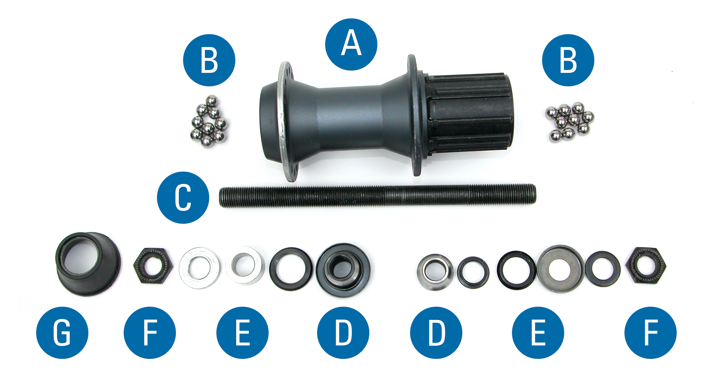 Parts of a common Shimano® rear hub: (A) Hub shell, (B) Ball Bearings, (C) Axle, (D) Cones, (E) Washers/Spacers, (F) Locknuts, (G) Rubber Seal