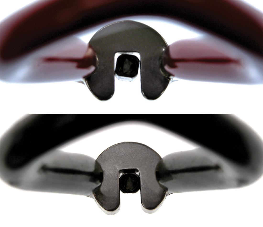 Top: gap between spoke nipple and oversized wrench; Bottom: correctly sized wrench on spoke nipple has no gap;