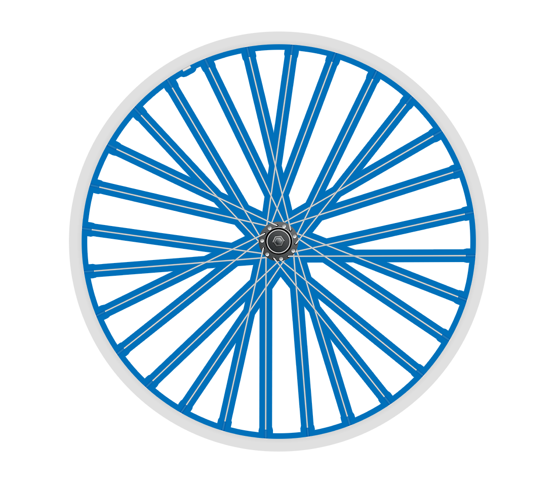 Side view of bicycle wheel with spokes highlighted to indicate tension