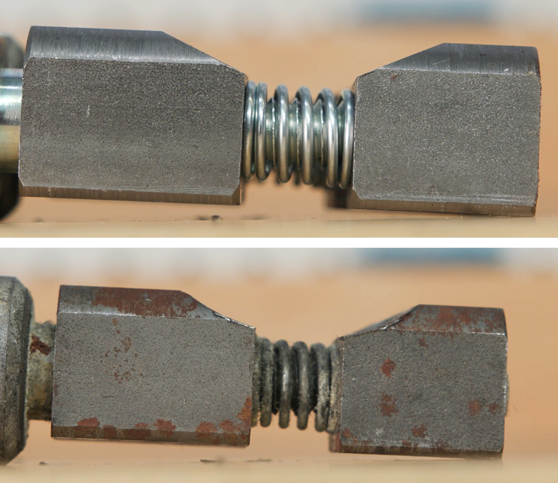 Top: a brand-new lock block. Note the straight faces. Bottom: a heavily-worn lock block. Note the rounded faces.
