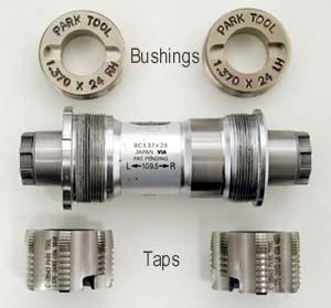 Threaded bushing of the BFS-1, a cartridge bottom bracket, and taps for the BTS-1. Notice cartridge bottom brackets with "Left" and "Right" marking are referencing the side of bike, while bushing and taps reference thread direction.