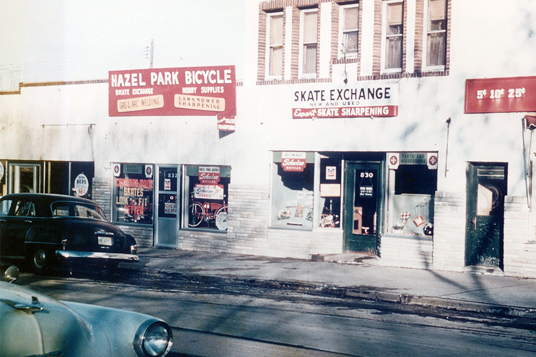 A photo of the original Hazel Park Cycle Center storefront, circa 1960